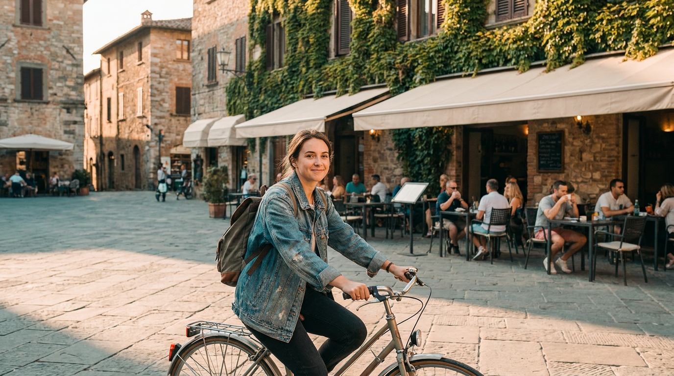 Student biking through a European city square
