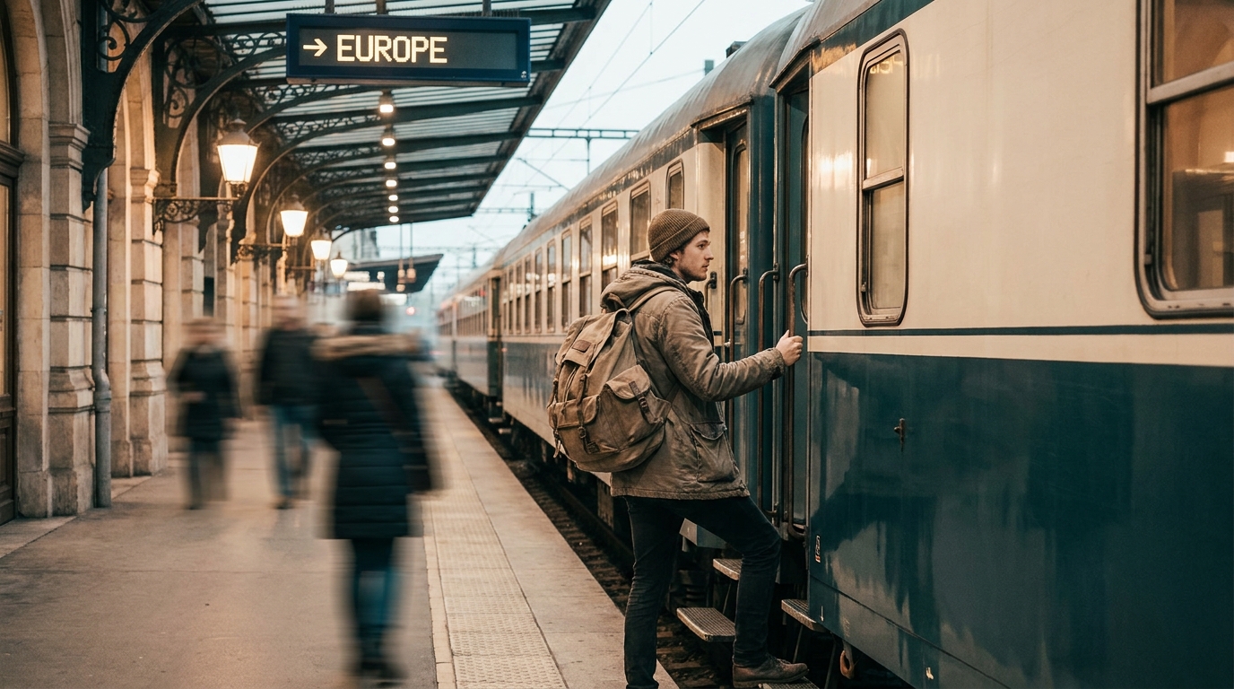 Student boarding a European train