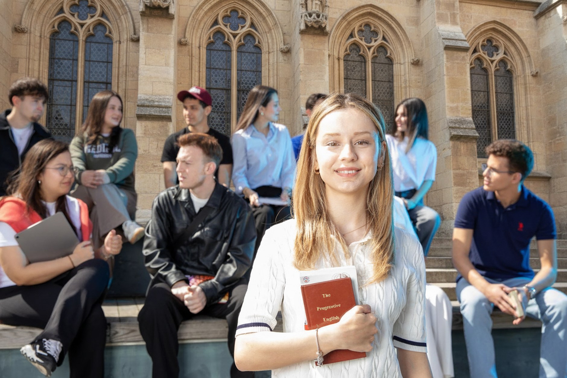 Student on campus steps with classmates behind her